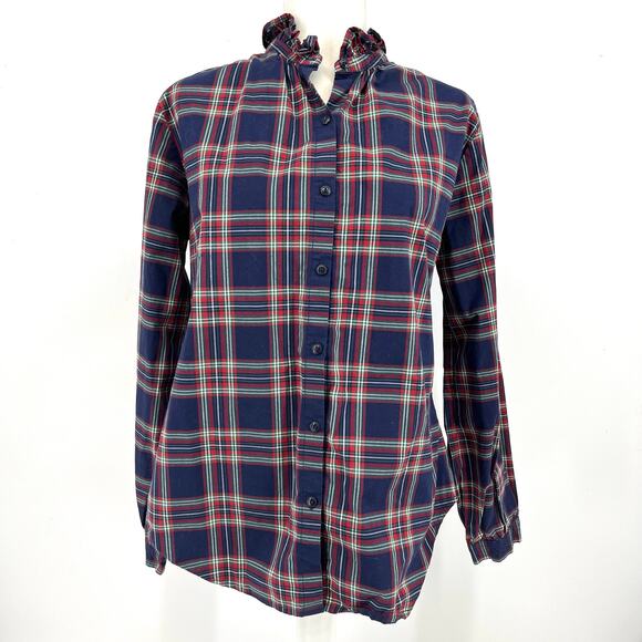 Hope & Henry Women's 10 Blue Red Plaid Tartan Long Sleeve Ruffle Neck Blouse - Picture 1 of 7
